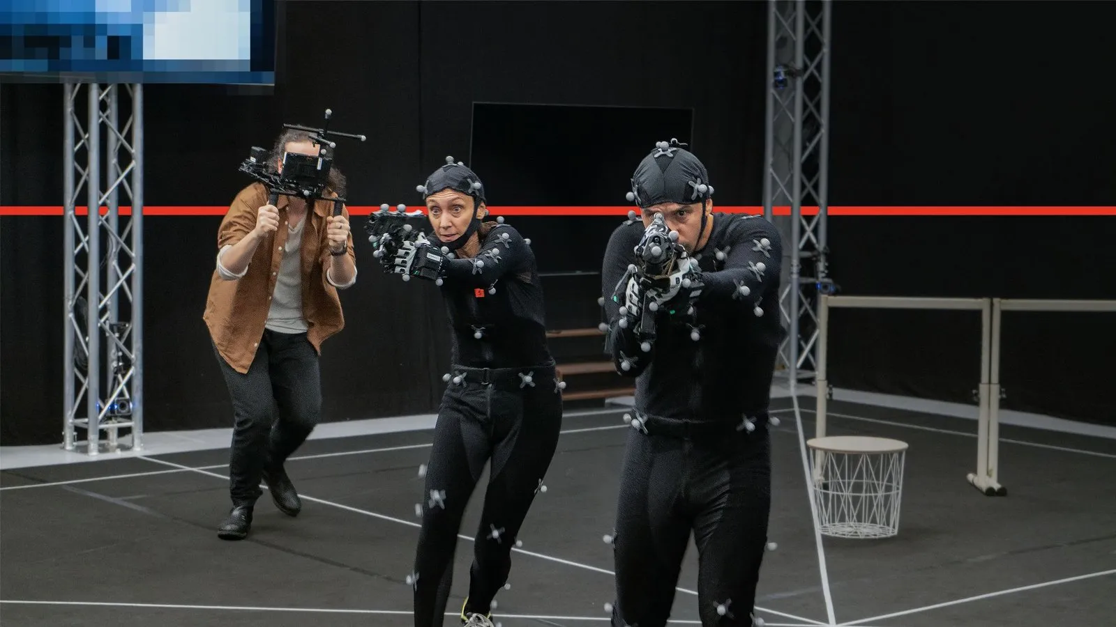 Session de performance capture : acteurs en combinaisons à marqueurs
